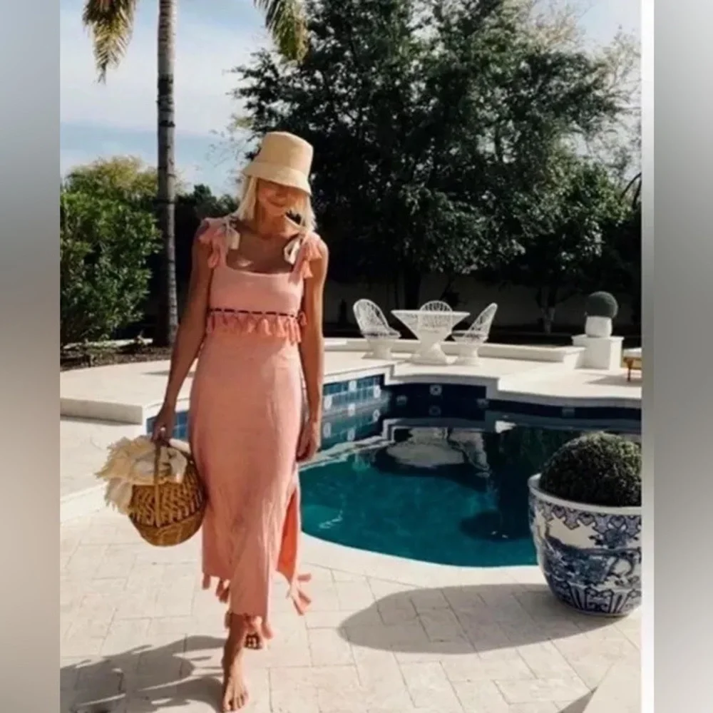 Antonio Melani 12, 14Pink Nat Note Cici Tassel Linen Maxi Dress Sleeveless NWT - Picture 2 of 16